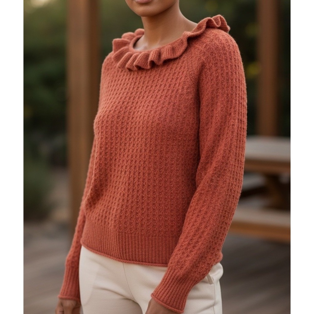 Anthropologie‎ Ruffled Collar Knit Sweater Coral Red Textured Cute Top Y2K